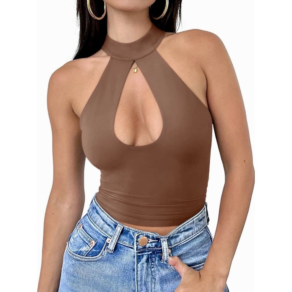 REORIA Sexy Halter Cut Out Sleeveless Crop Top Y2K Women's Size Small Brown NWT
